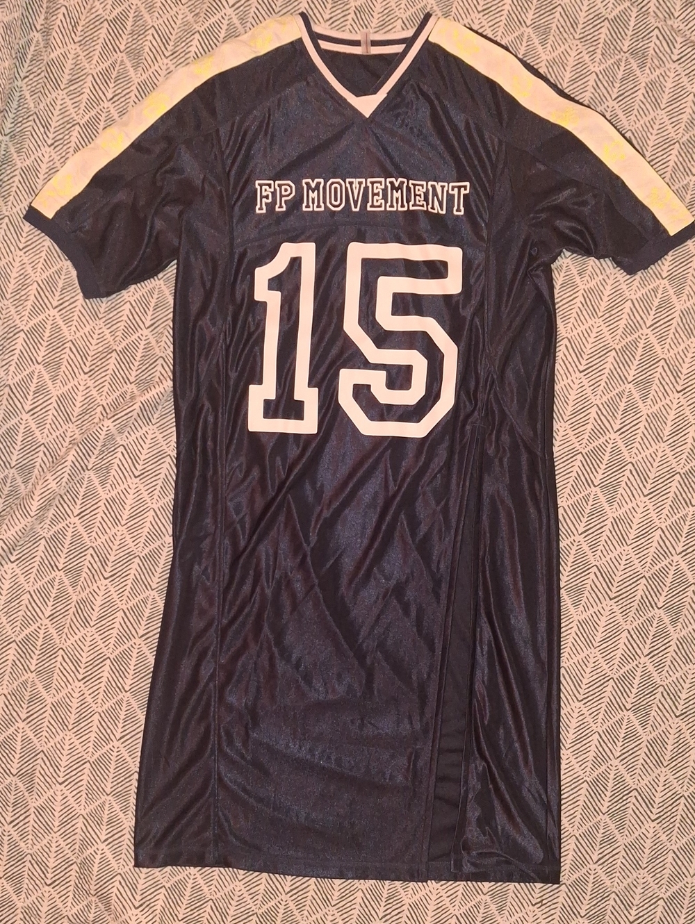 FP Movement Navy 15 Athletic Jersey Dress with White Stripes With Yellow Pattern